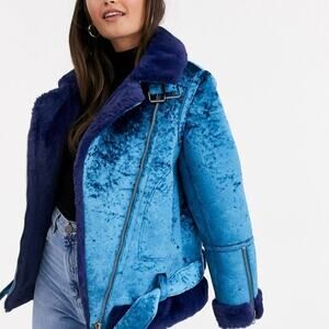 ASOS Blue Velvet Biker Jacket Penny Lane Faux Fur Collar Cuffs Sz 8 Bomber